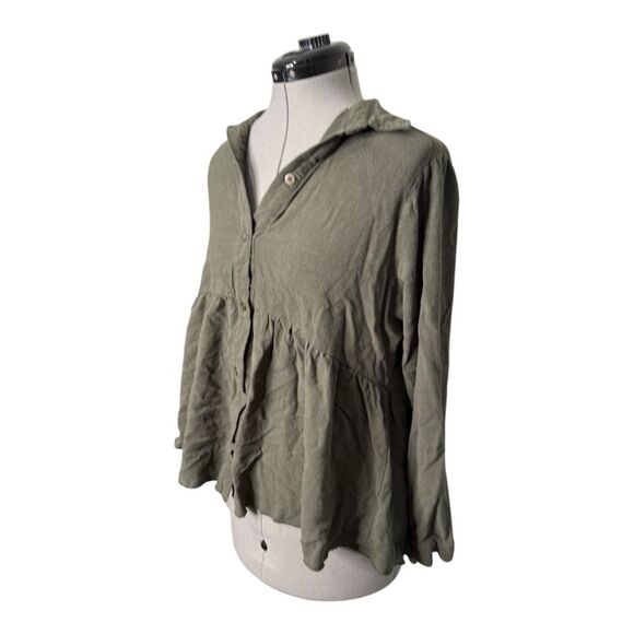 Linen Button Down Babydoll Tunic Top by Umgee CollectionOlive army green Medium - Picture 2 of 7